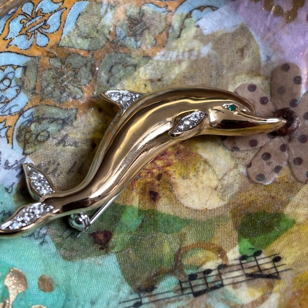 Vintage Dolphin Brooch: Gold Tone Rhinestone Beatrix Jewelry Pin